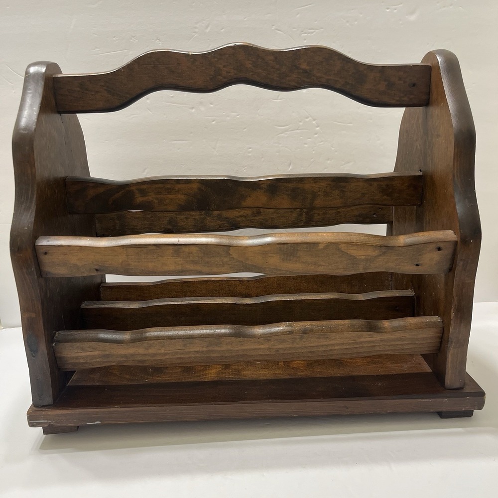 Vintage Wood Magazine Holder Dark Brown Solid Pine Wood Country Rustic Scalloped